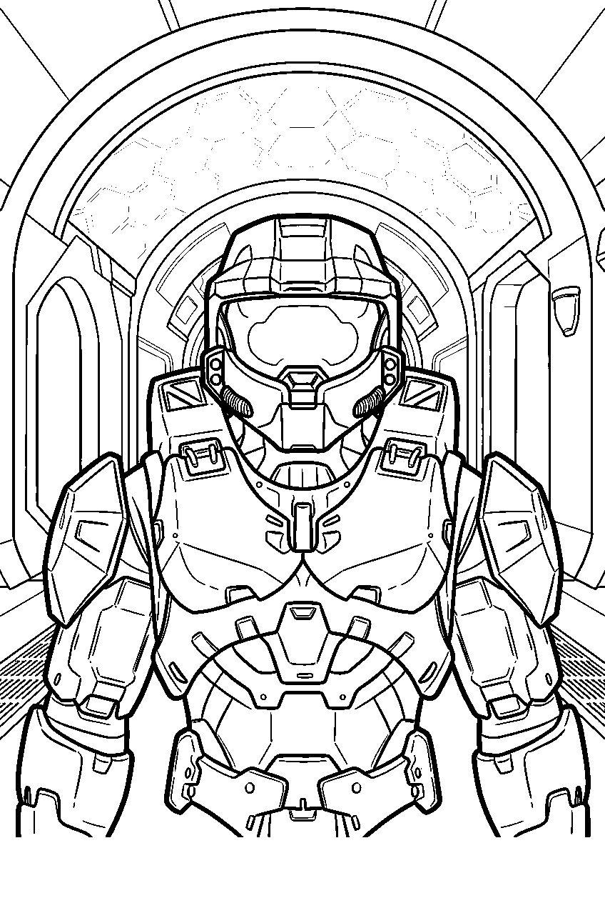 halo game characters in forerunner tunnel line art