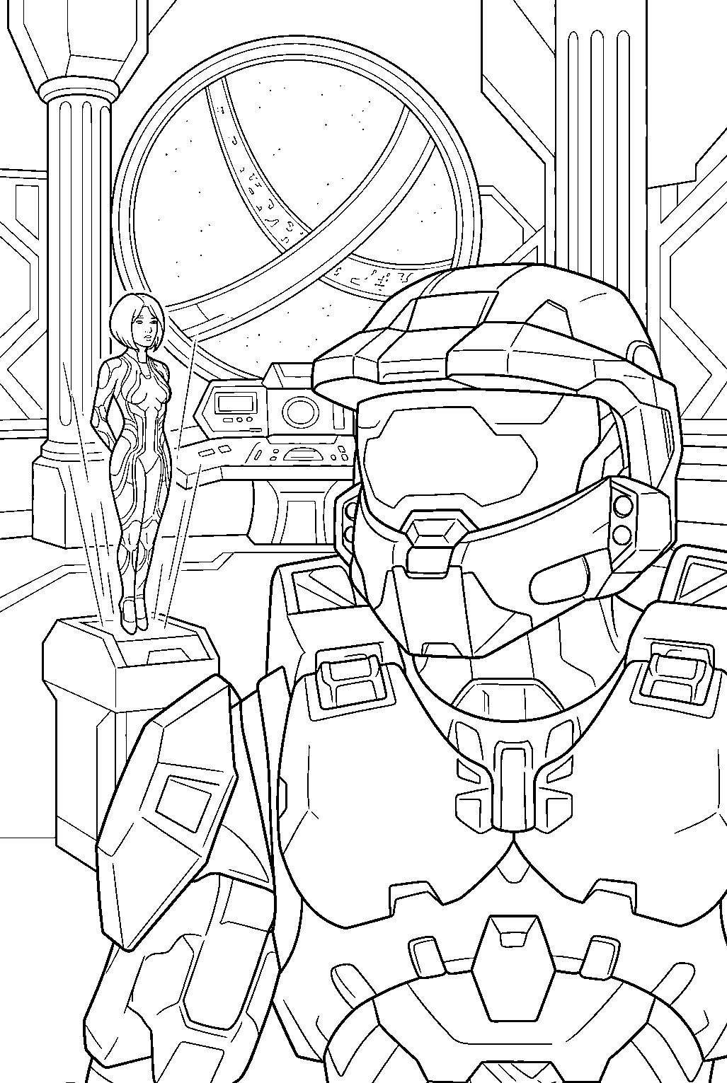 halo game characters in installation 04 control room line art