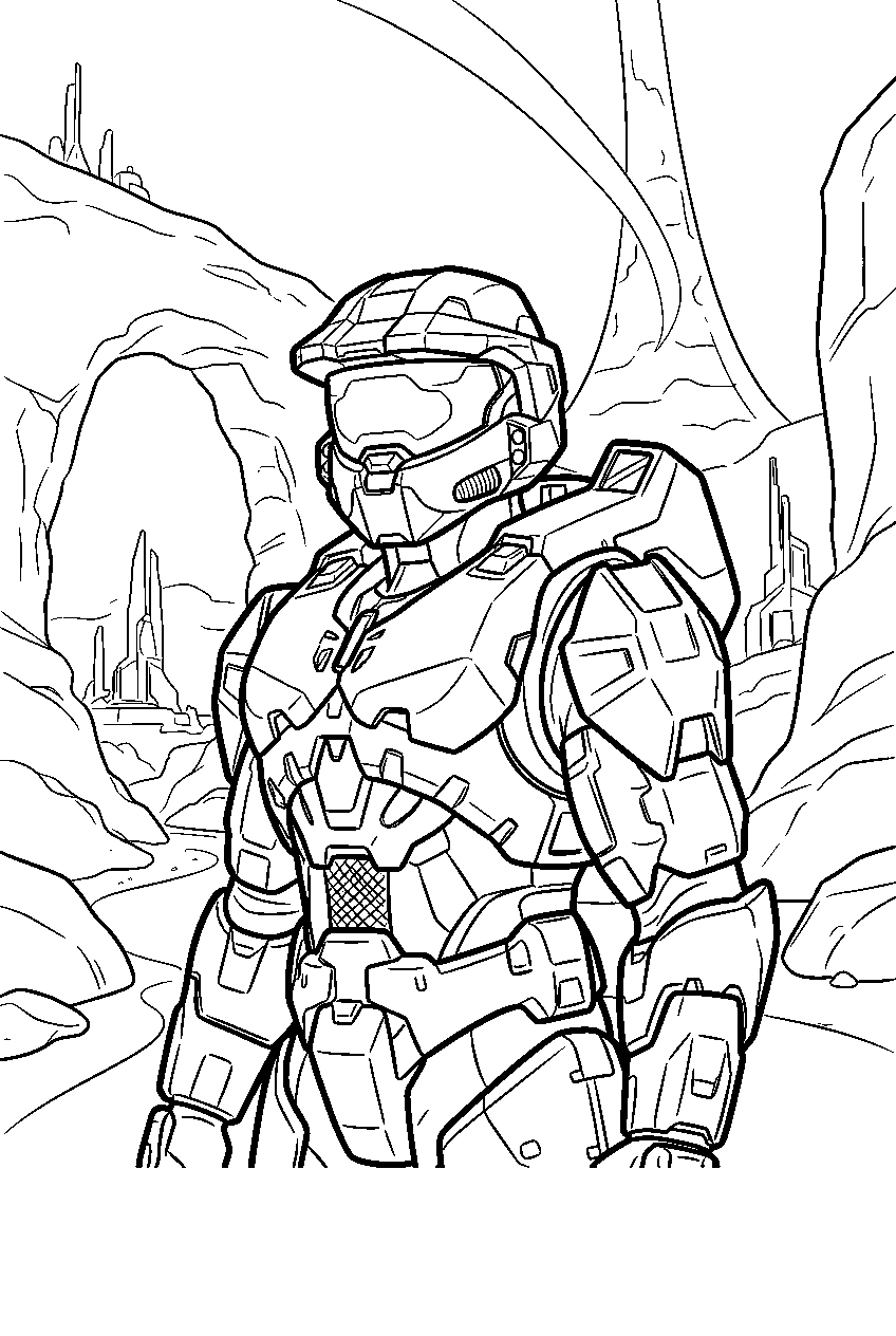 halo game characters in ringworld canyon line art