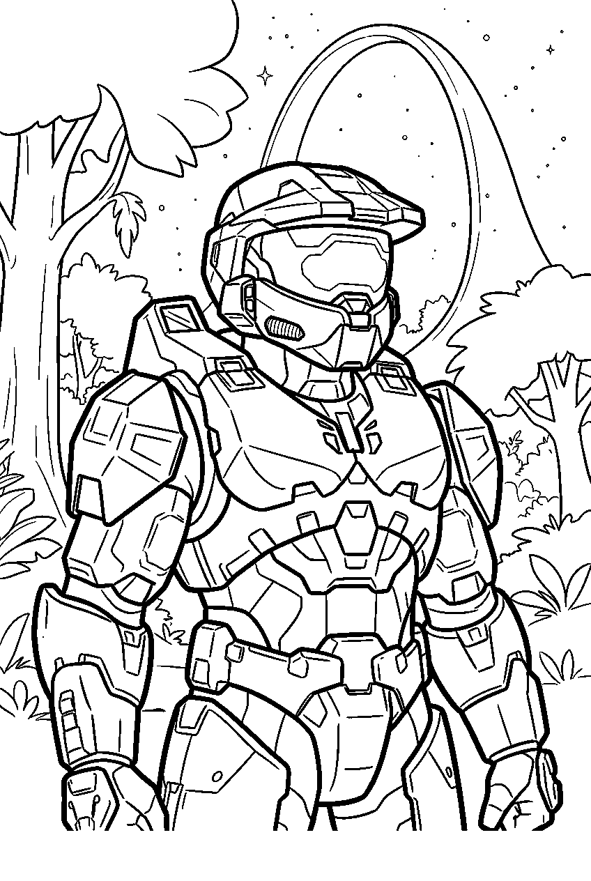 halo game characters in ringworld forest line art