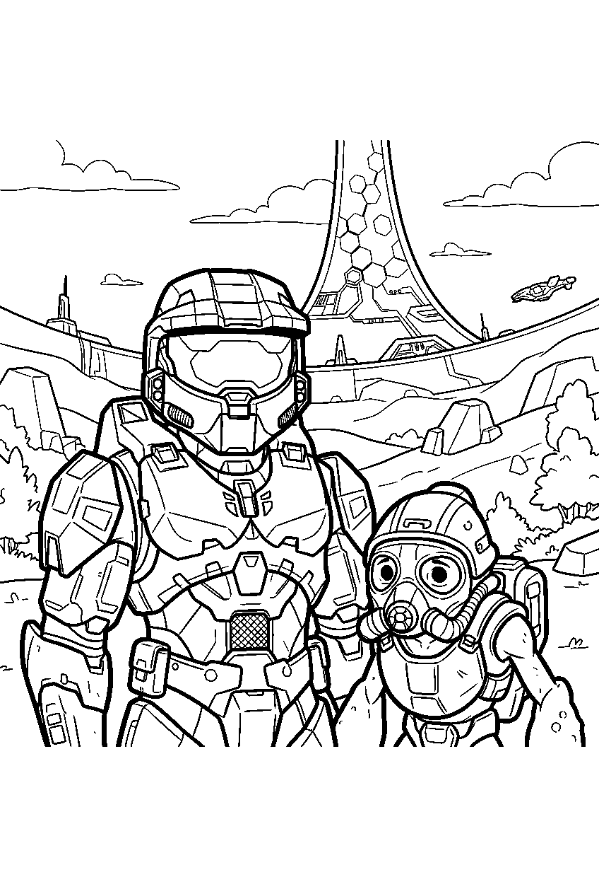 halo game characters in ringworld valley line art