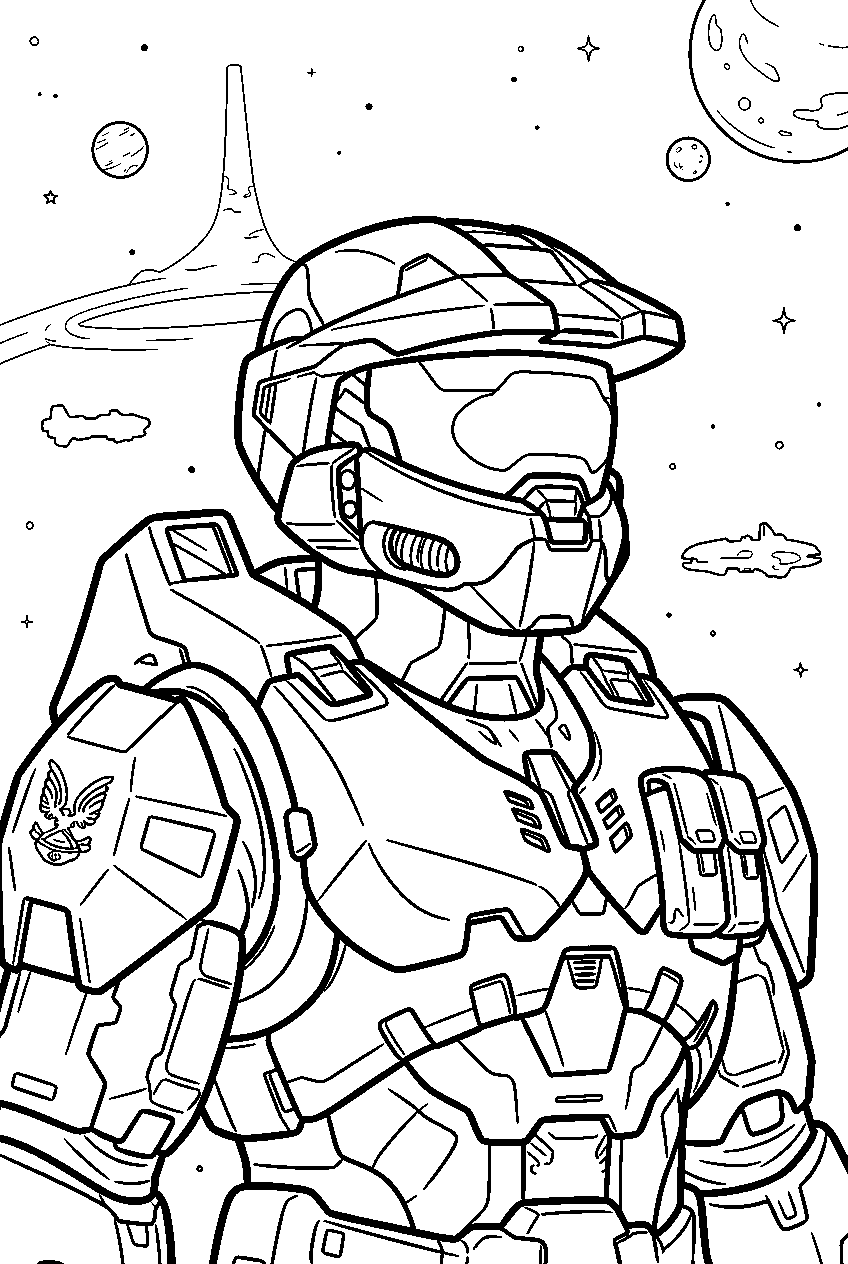 halo game characters in space battlefield line art