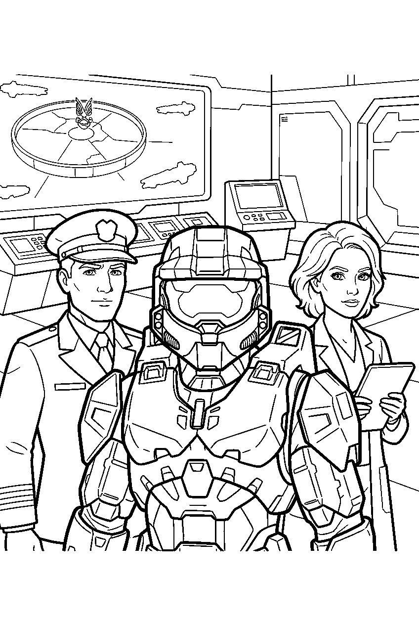 halo game characters in unsc command center line art