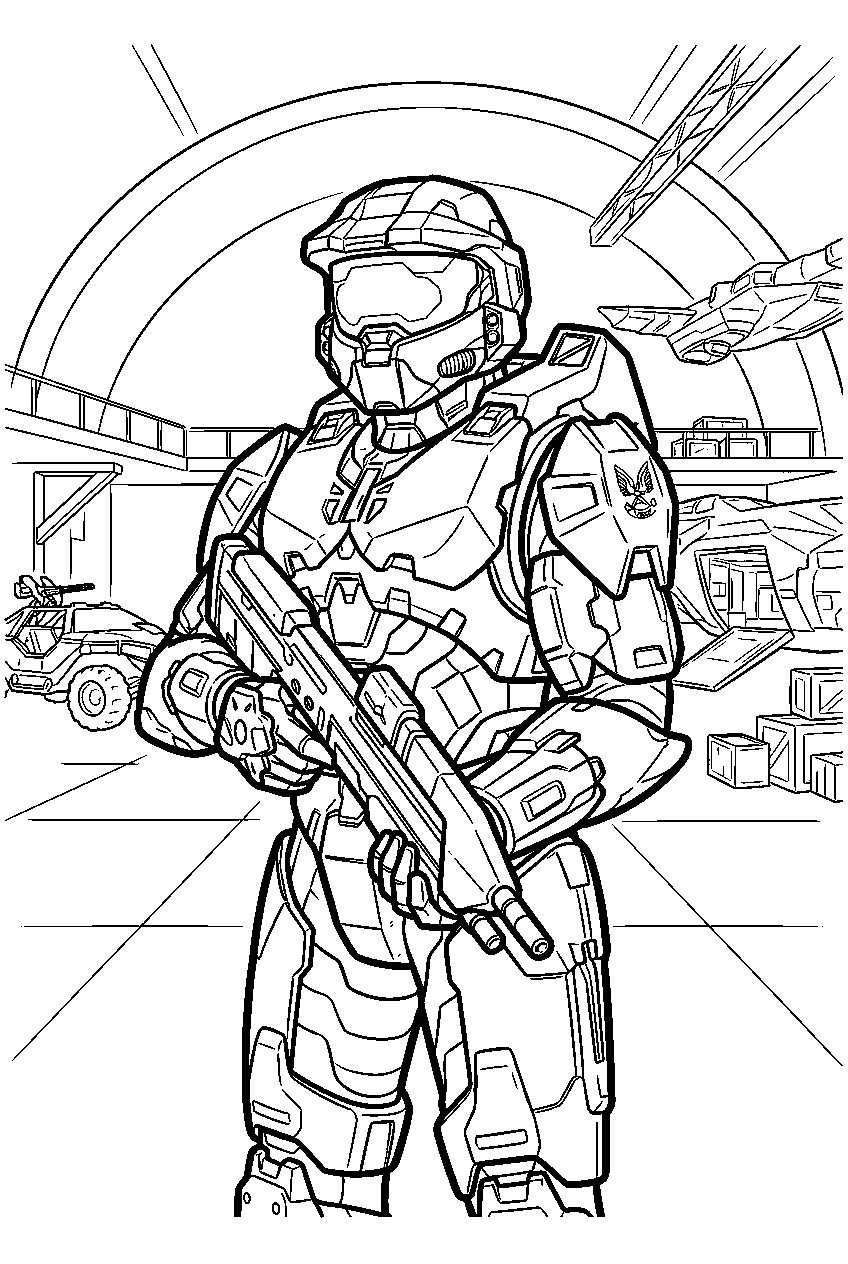 halo game characters in unsc hangar line art