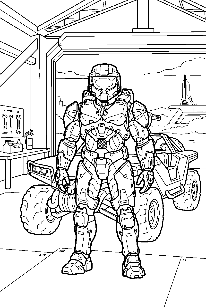 halo game characters in warthog garage line art