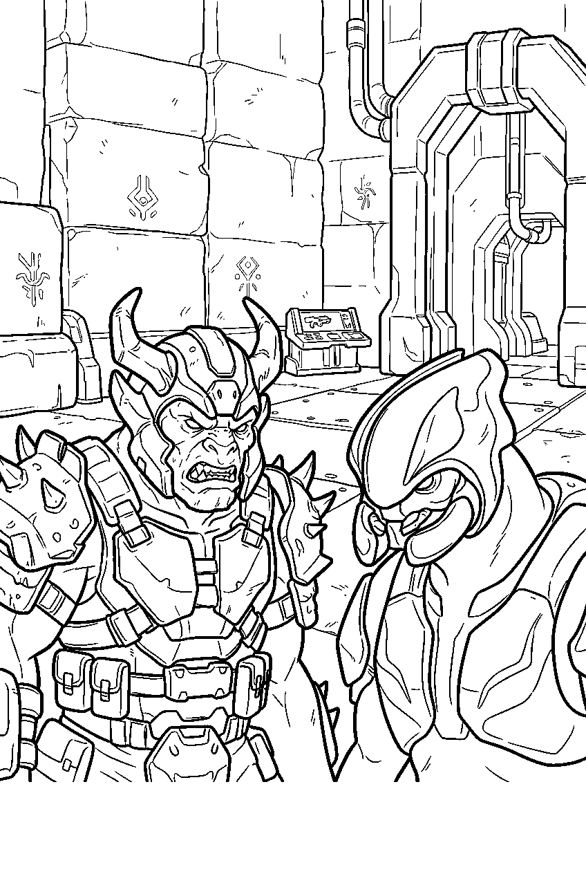 halo game characters inside a banished fortress line art