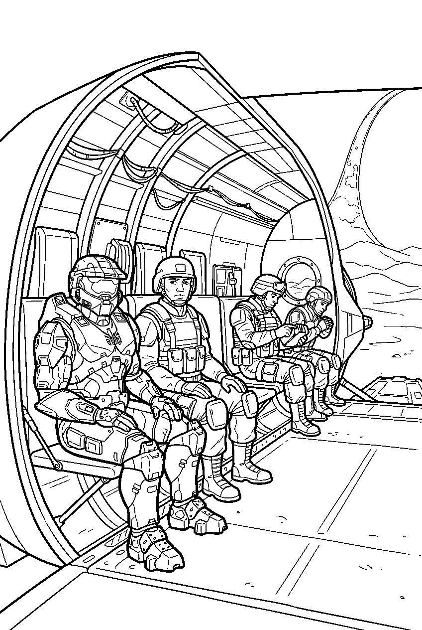 halo game characters inside pelican dropship line art