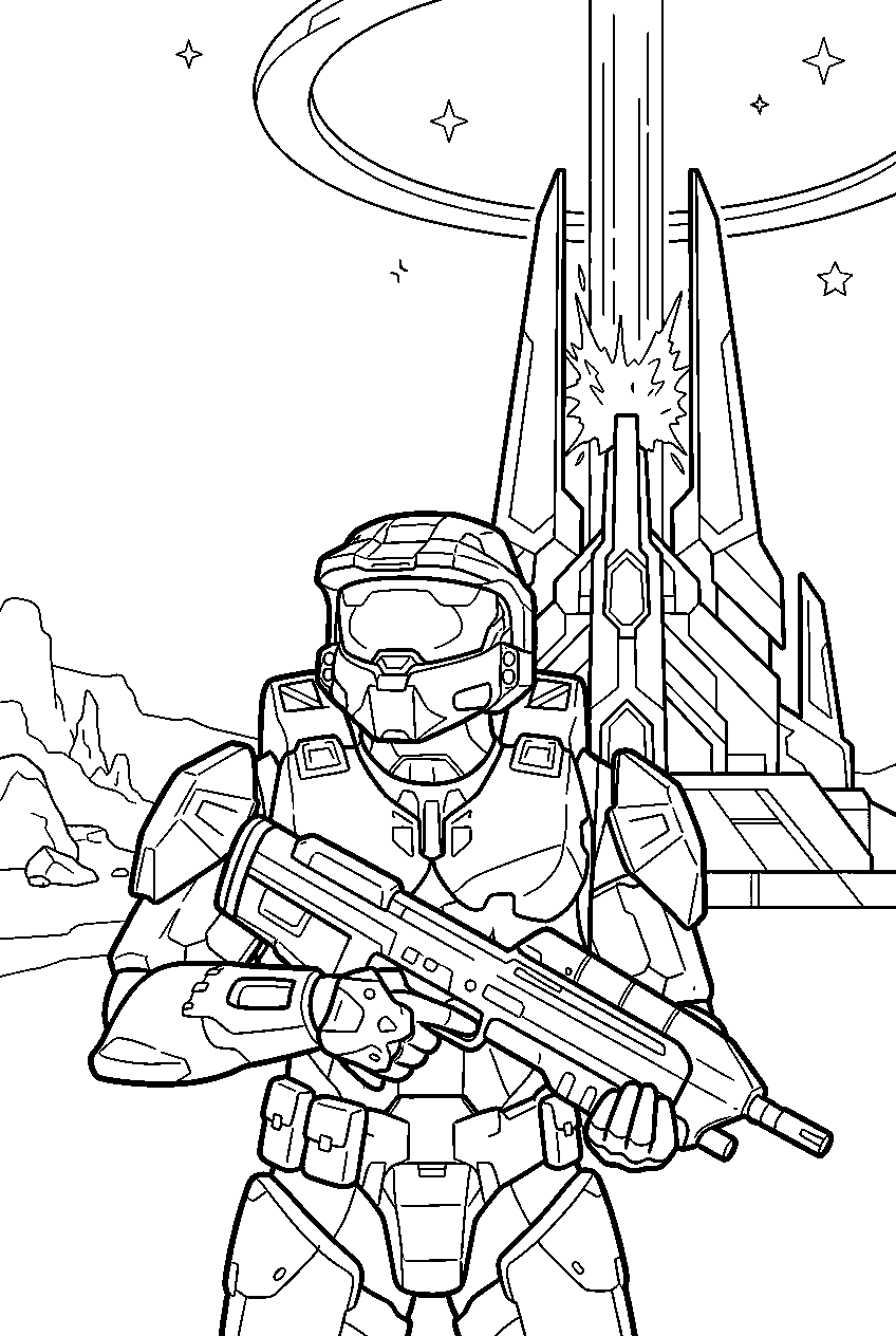 halo game characters near forerunner beam tower line art