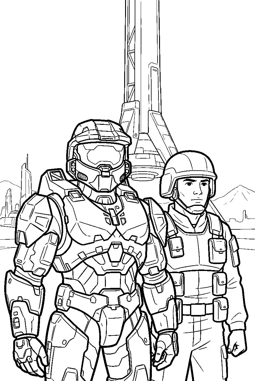 halo game characters near reach space elevator line art
