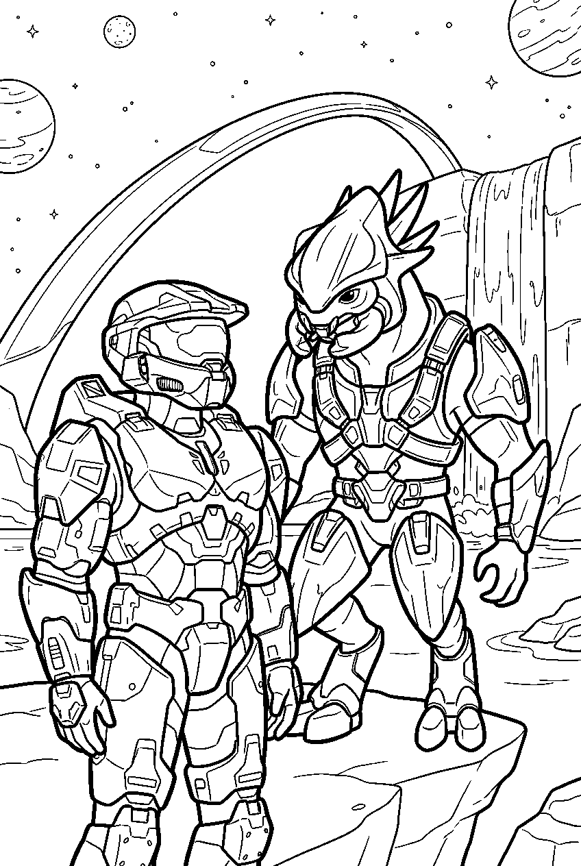 halo game characters near ringworld waterfall line art