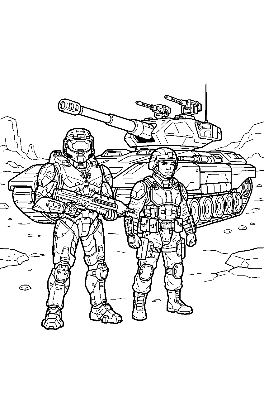 halo game characters near scorpion tank line art