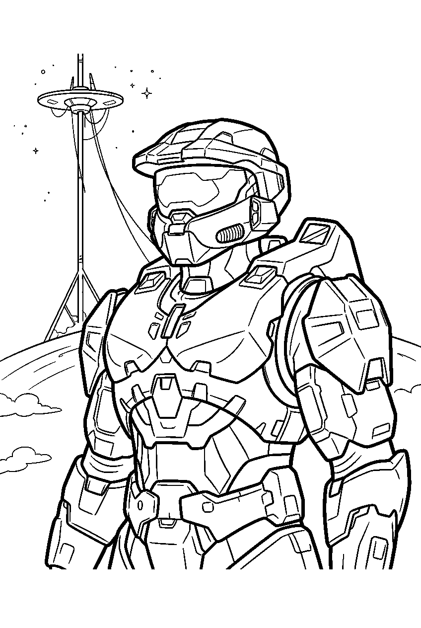 halo game characters near space elevator line art