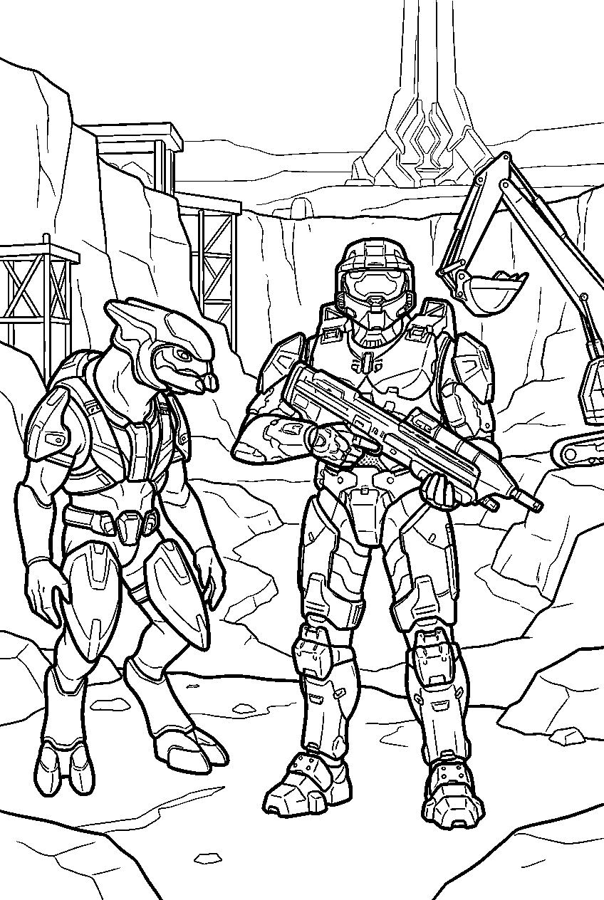 halo game characters near the excavation site line art