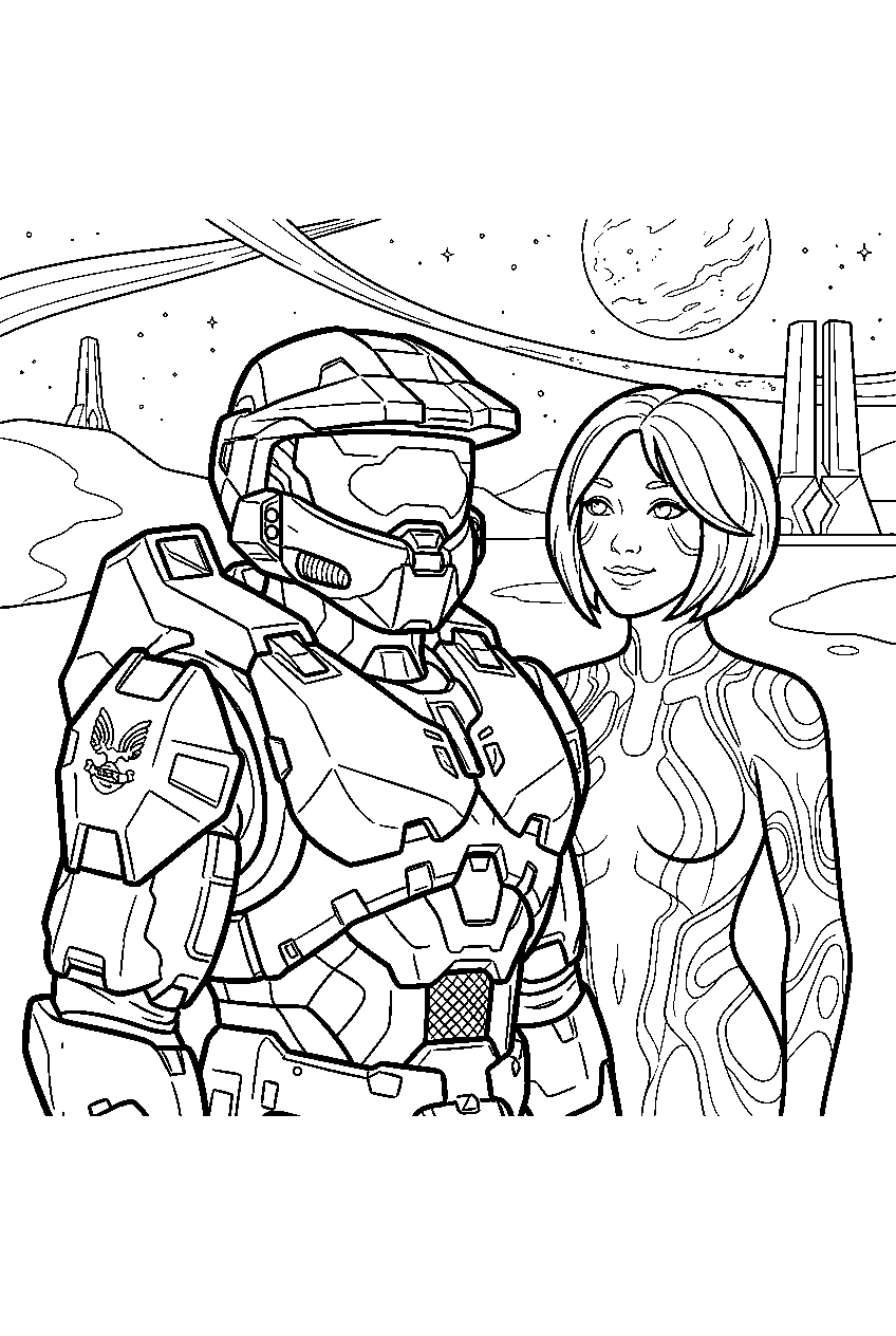 halo game characters on installation 04 line art