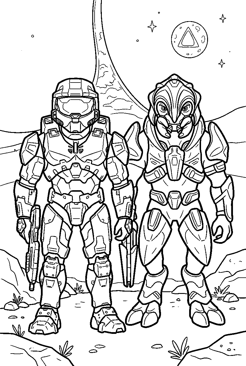 halo game characters on installation 05 line art