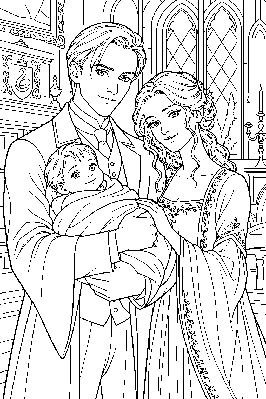 adult draco malfoy and astoria greengrass holding baby scorpius at malfoy manor line art