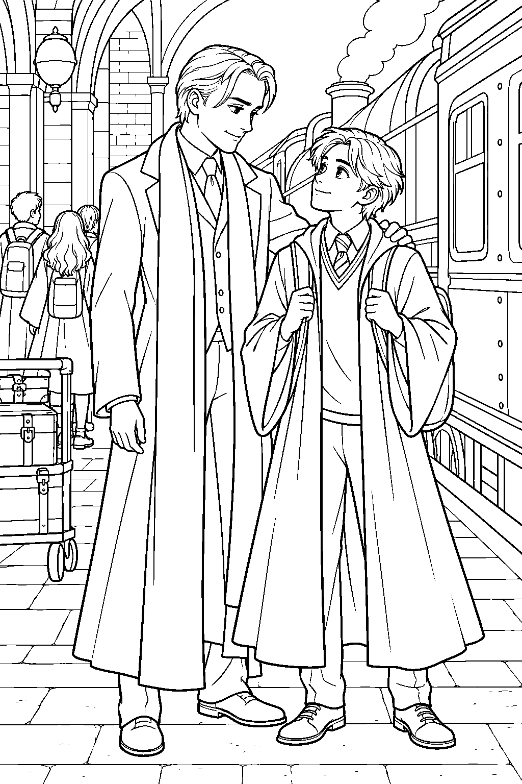 adult draco malfoy seeing scorpius off beside the hogwarts express on platform nine and three quarters line art