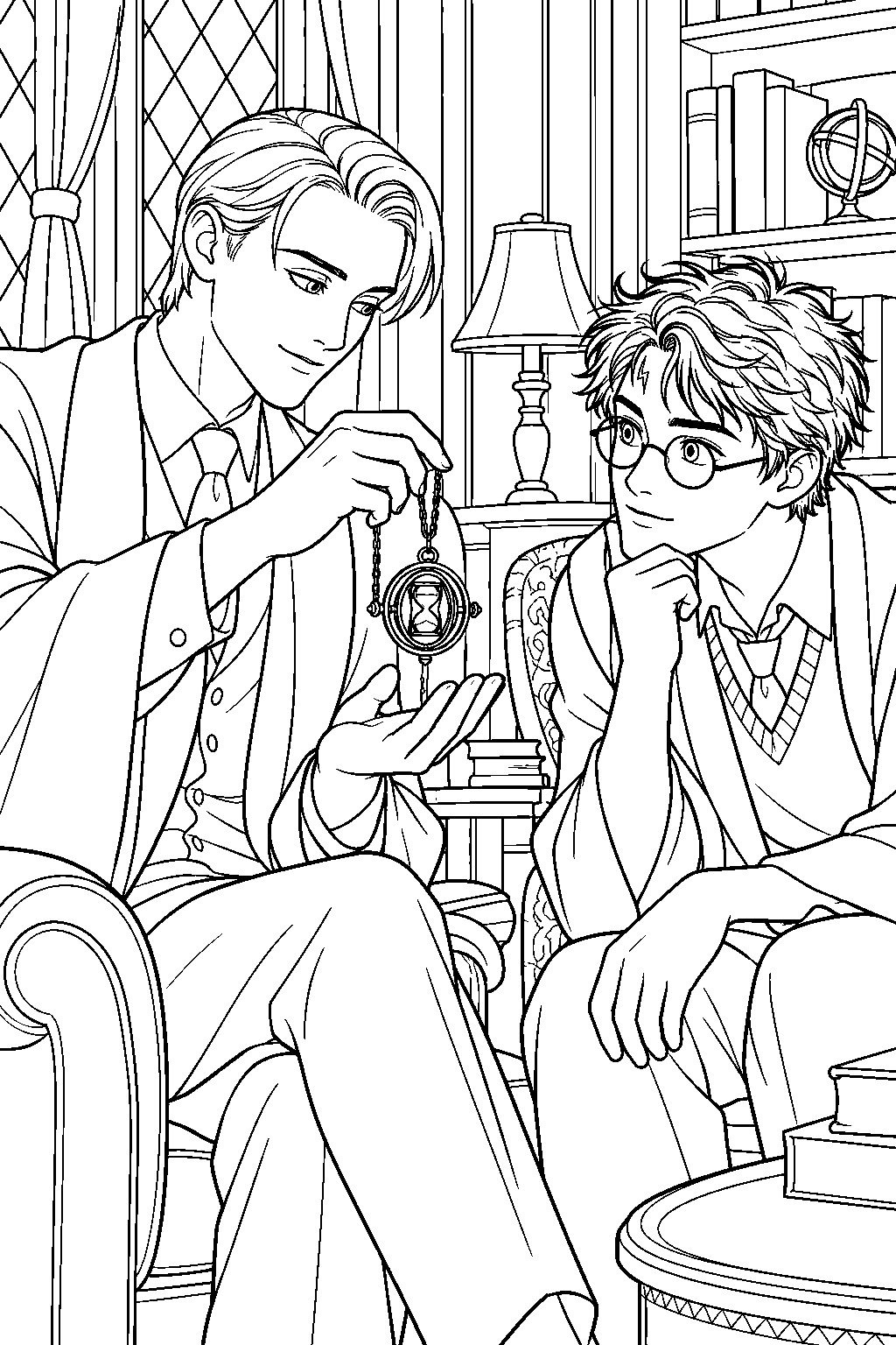 adult draco malfoy showing harry potter his family s time turner line art