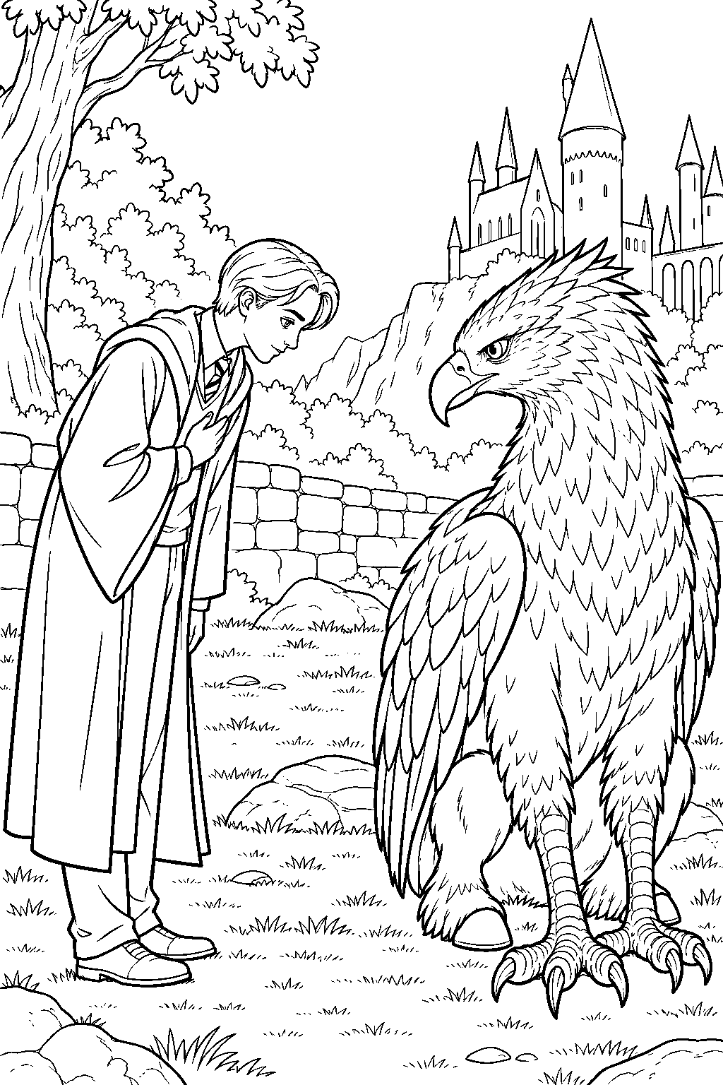 draco malfoy approaching buckbeak during a care of magical creatures lesson line art