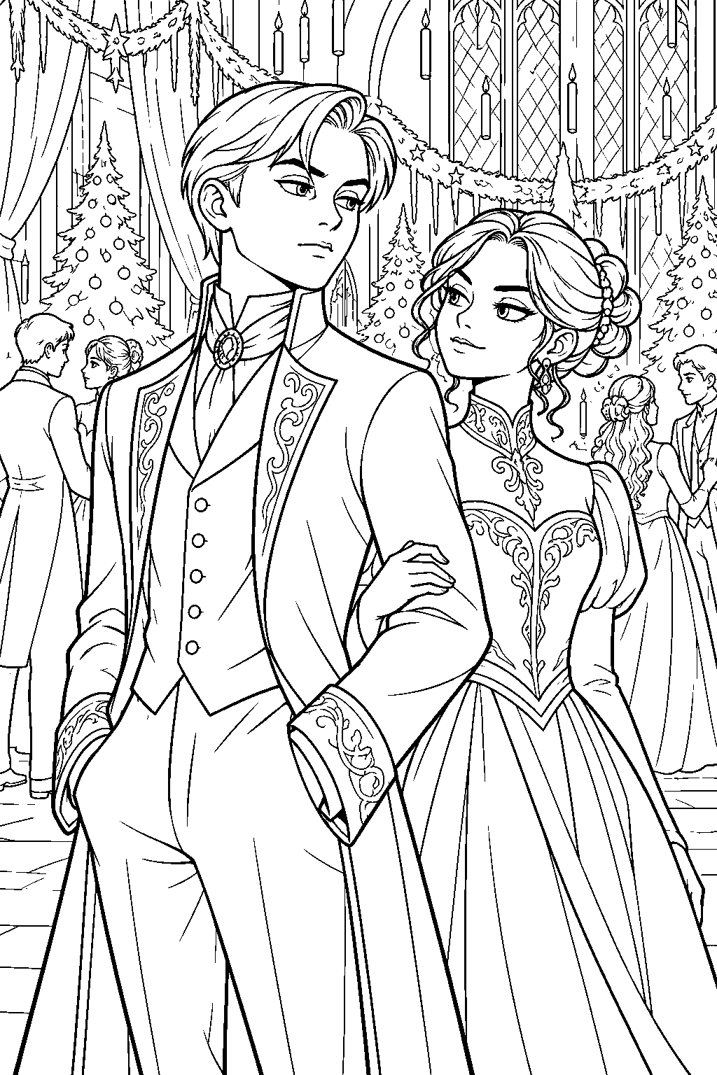 draco malfoy attending the yule ball with pansy parkinson in high collared dress robes line art