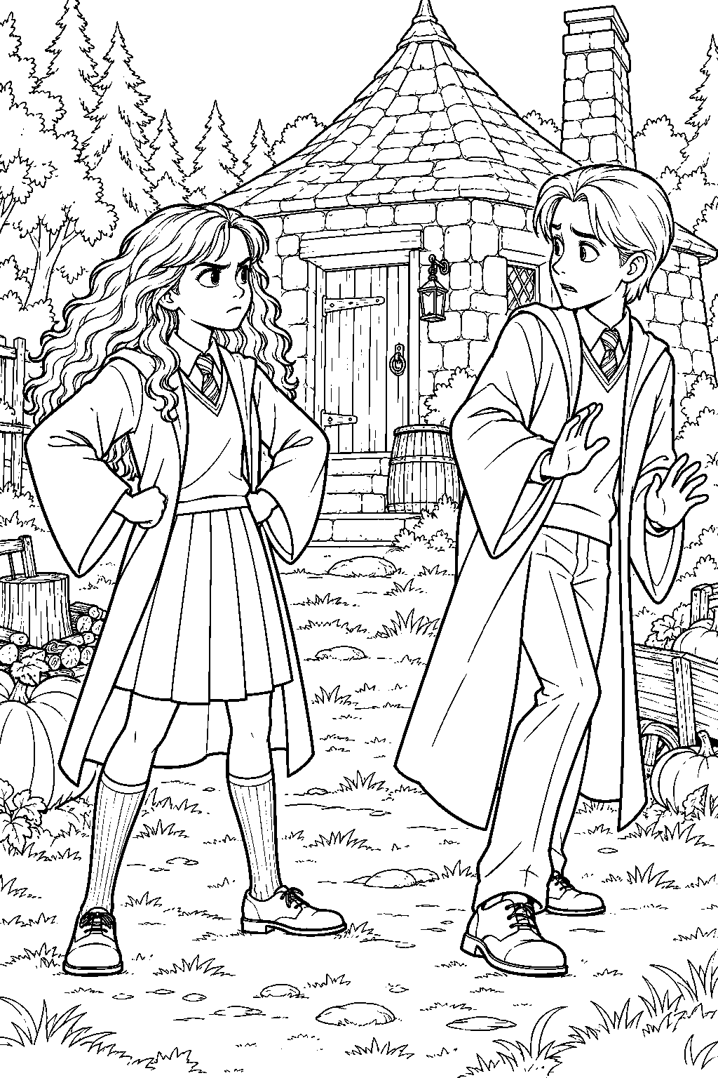 draco malfoy backing away from an angry hermione granger outside hagrid s hut line art