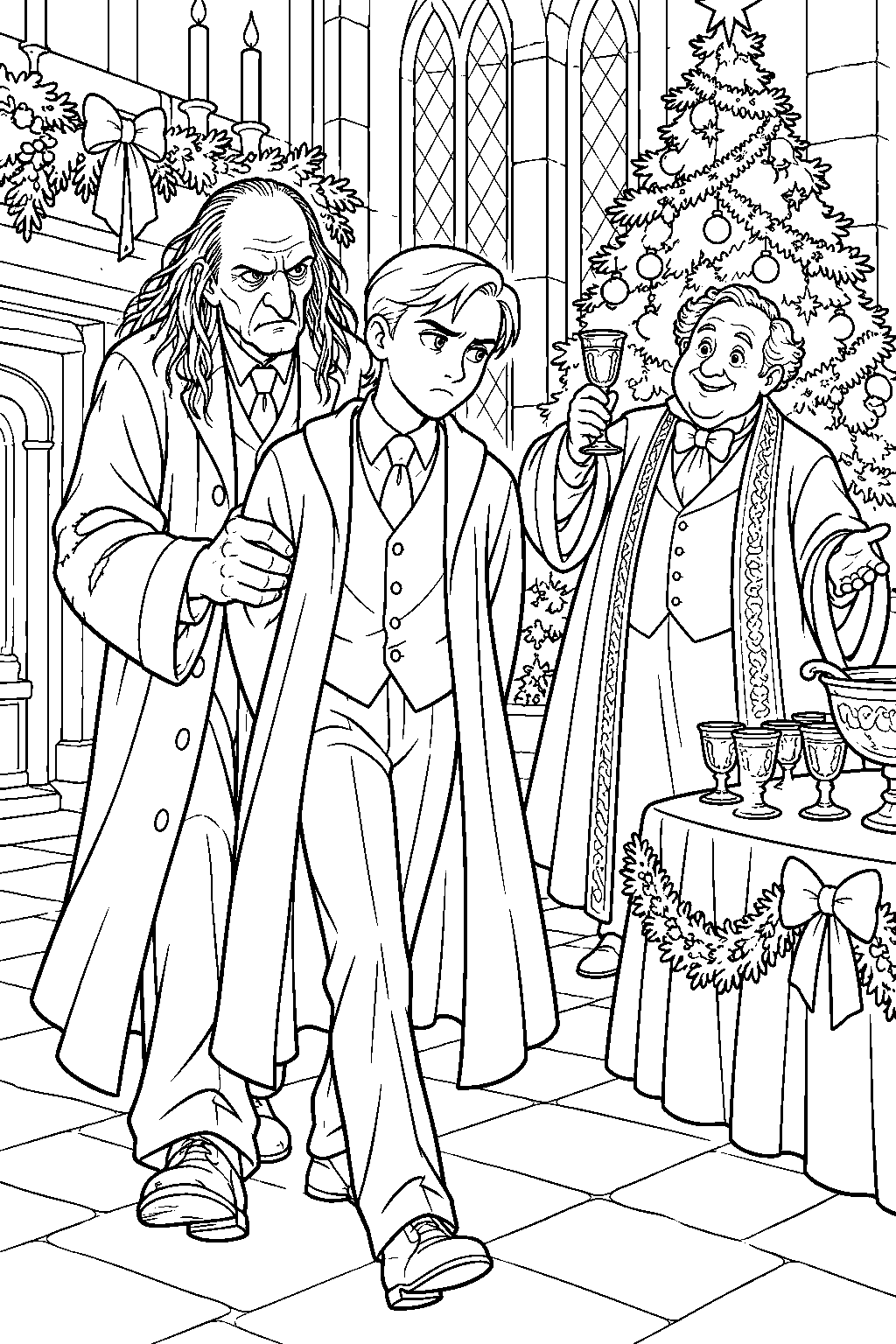 draco malfoy being brought into slughorn s christmas party by argus filch line art