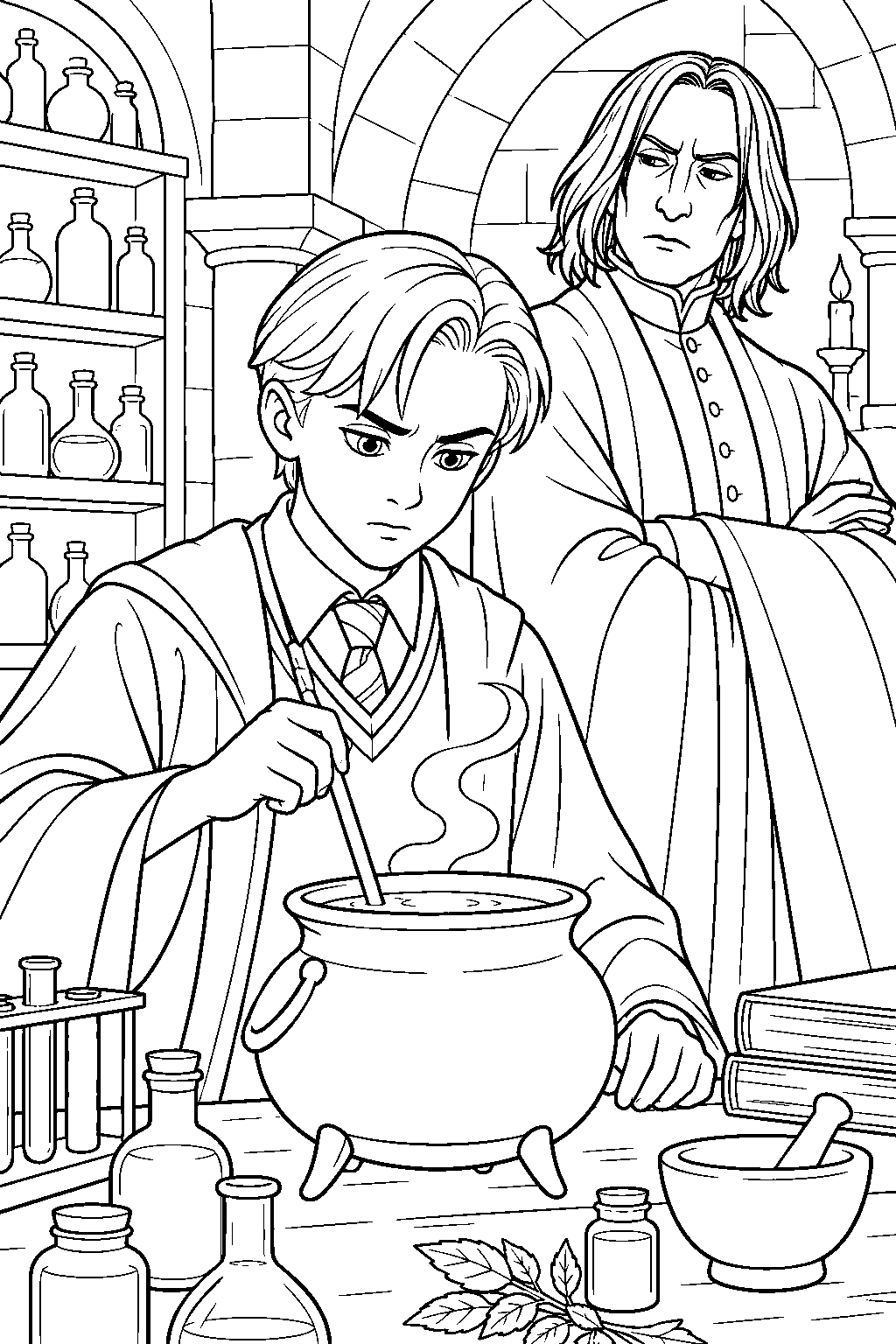 draco malfoy brewing a potion in a cauldron during professor snape s dungeon lesson line art