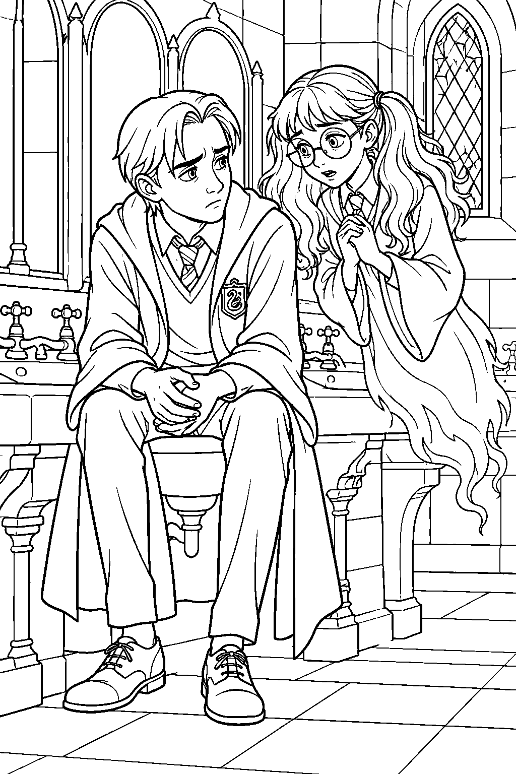 draco malfoy confiding in moaning myrtle beside the hogwarts bathroom sinks line art
