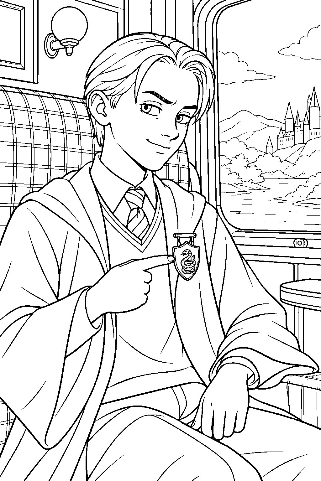 draco malfoy displaying his slytherin prefect badge aboard the hogwarts express line art