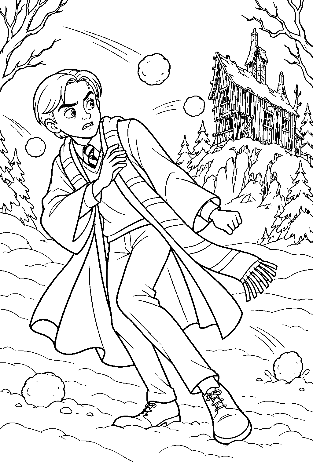 draco malfoy dodging mysterious snowballs outside the shrieking shack line art