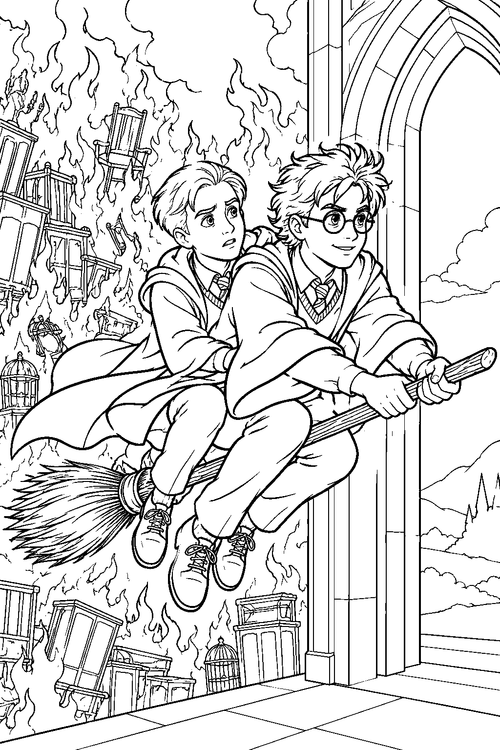 draco malfoy escaping the burning room of requirement on harry potter s broomstick line art