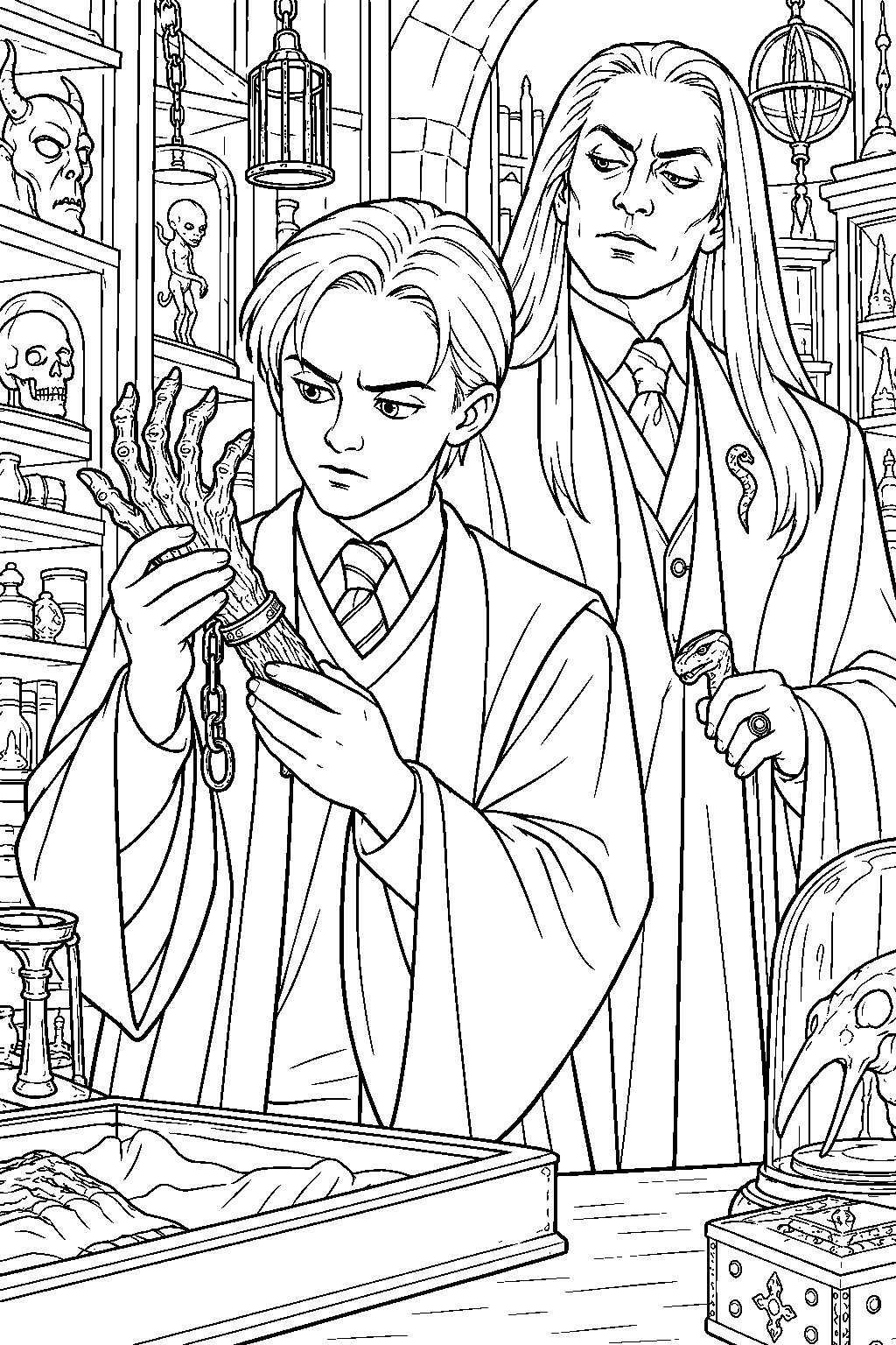 draco malfoy examining the hand of glory with lucius malfoy in borgin and burkes line art