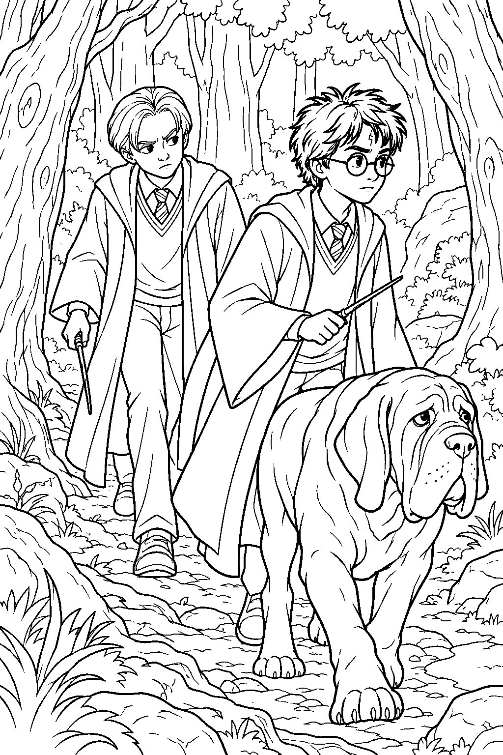 draco malfoy following harry potter and fang through the forbidden forest during detention line art