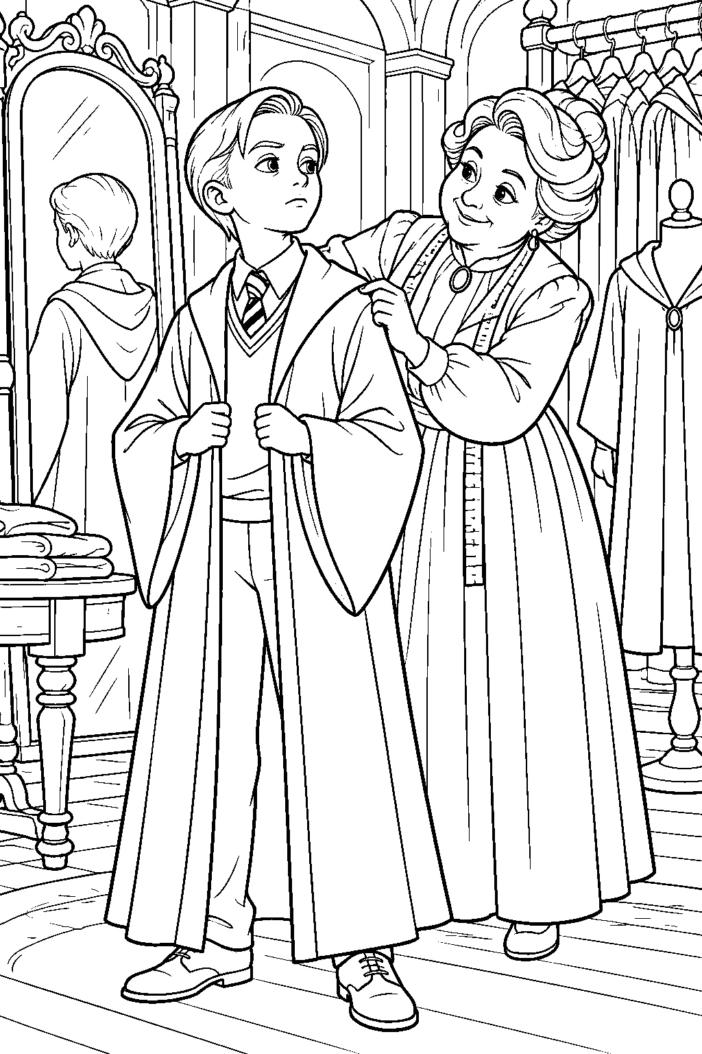 draco malfoy having his first hogwarts robes fitted at madam malkin s shop line art