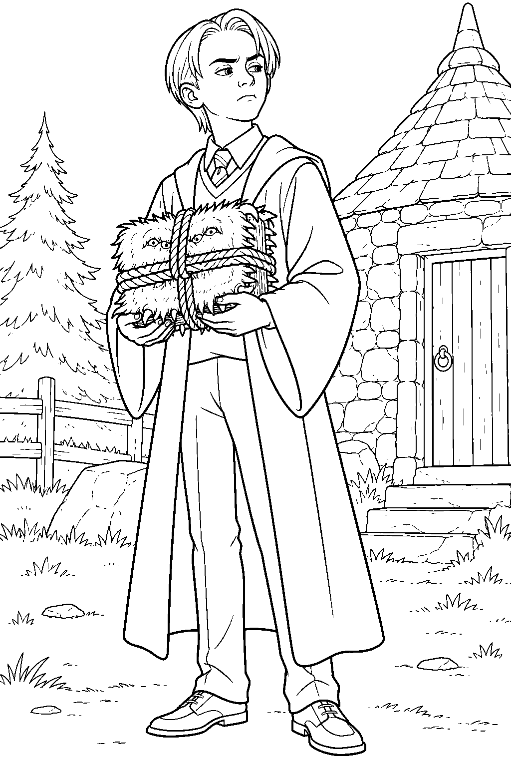 draco malfoy holding his rope bound monster book of monsters during hagrid s first lesson line art