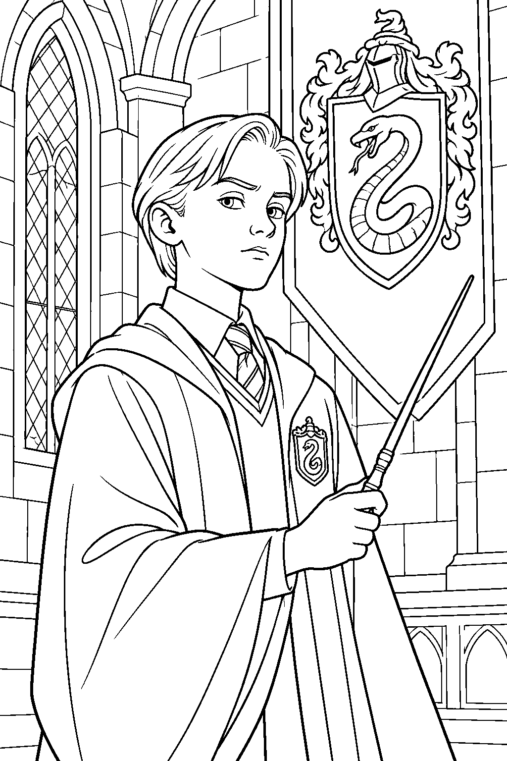 draco malfoy holding his wand in slytherin robes beneath the slytherin house crest line art