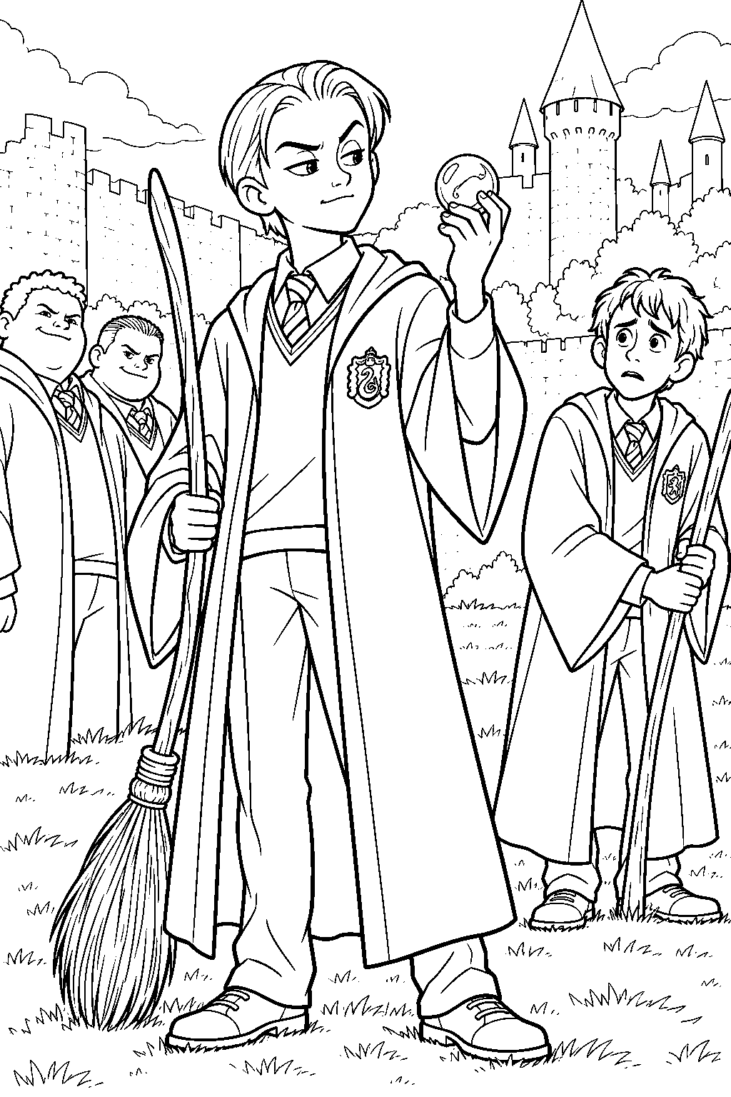 draco malfoy holding neville s remembrall beside his broom during the first flying lesson line art