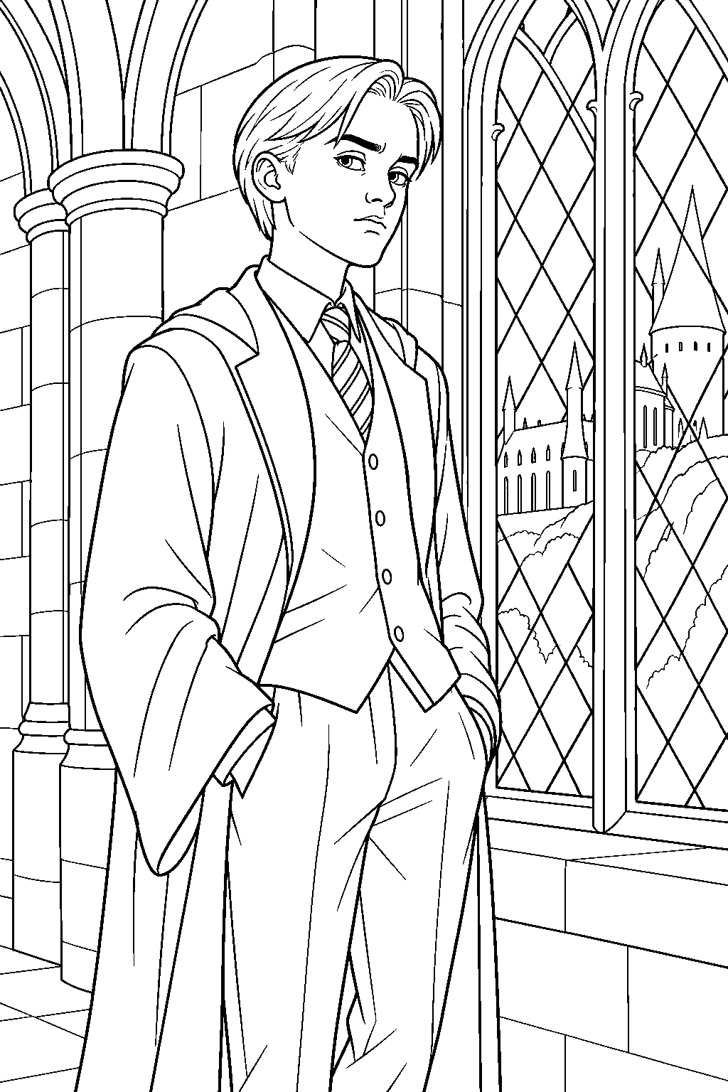 draco malfoy in his sixth year suit standing beside a tall arched hogwarts window line art