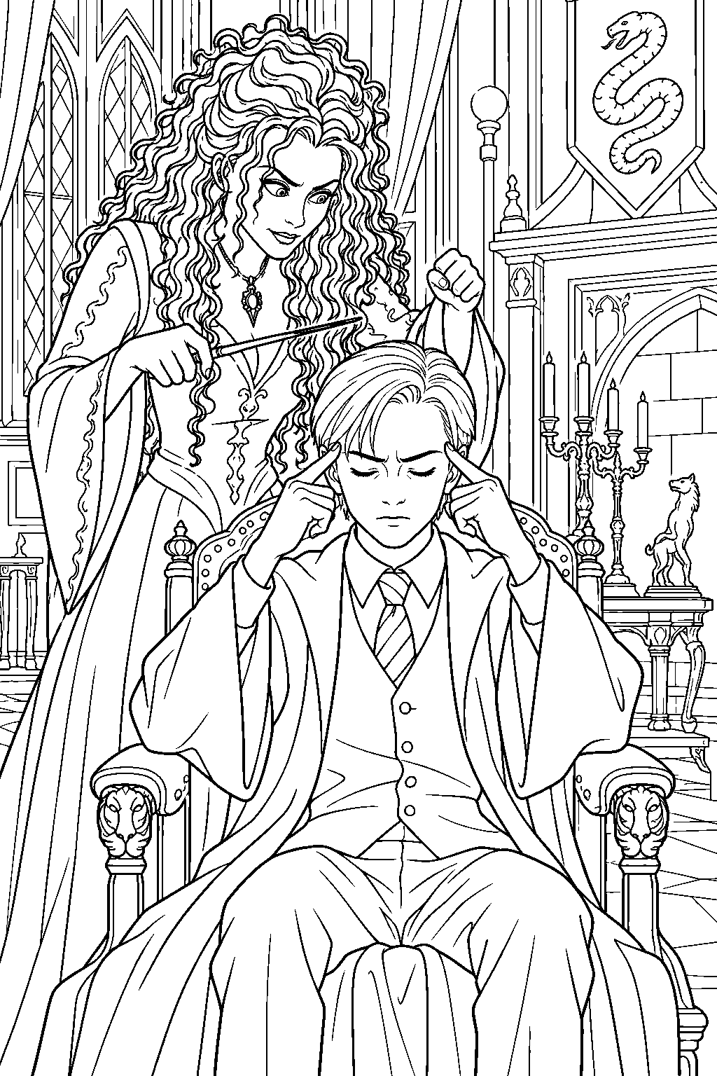 draco malfoy learning occlumency from bellatrix lestrange at malfoy manor line art