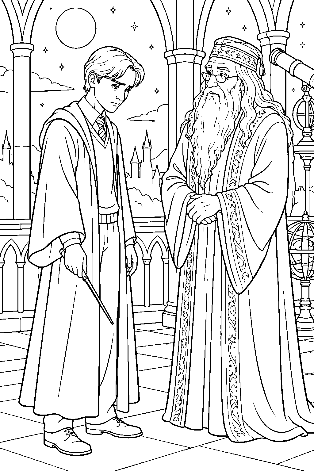 draco malfoy lowering his wand in front of dumbledore on the astronomy tower line art