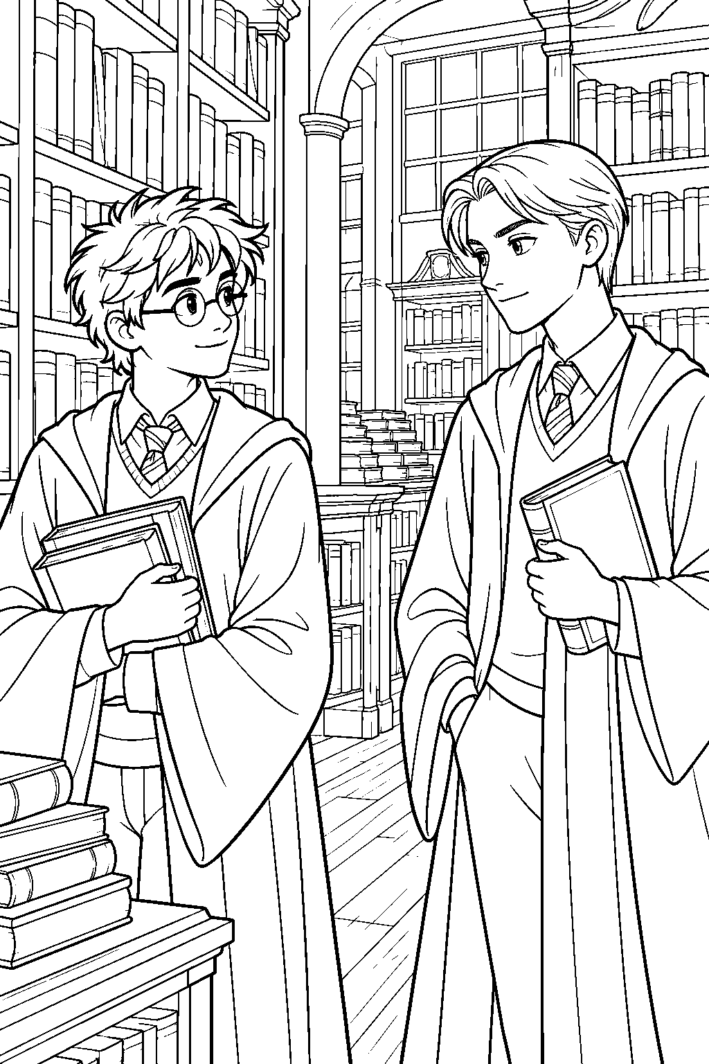 draco malfoy meeting harry potter among the bookshelves of flourish and blotts line art