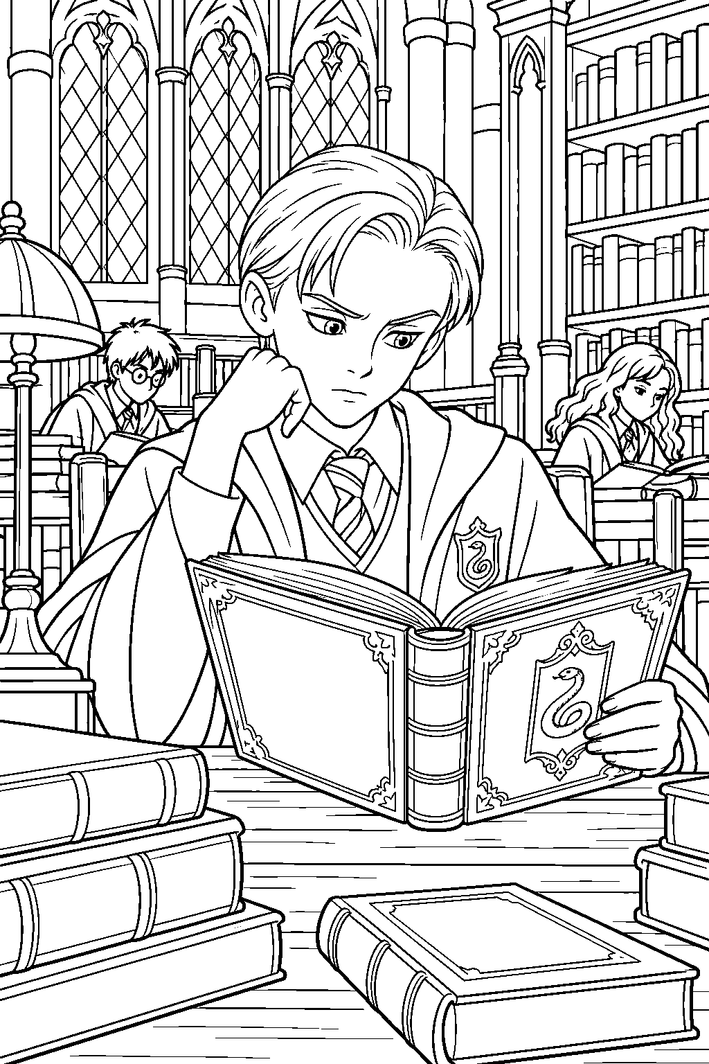 draco malfoy reading a spellbook at a desk in the hogwarts library line art