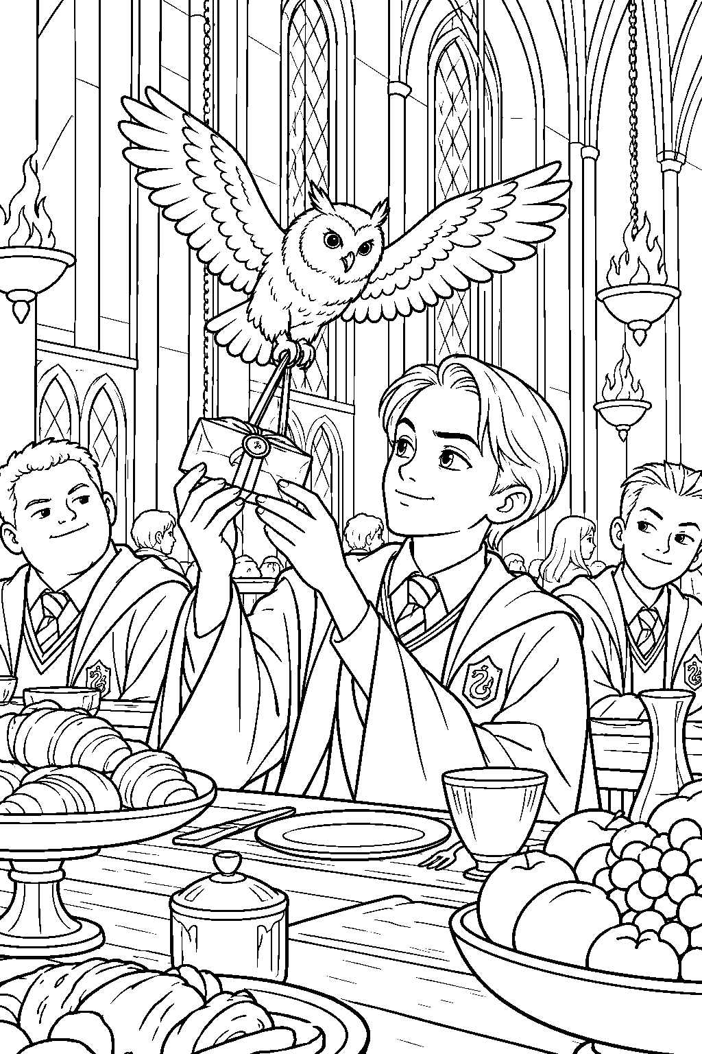 draco malfoy receiving a parcel of sweets from his eagle owl at breakfast in the great hall line art