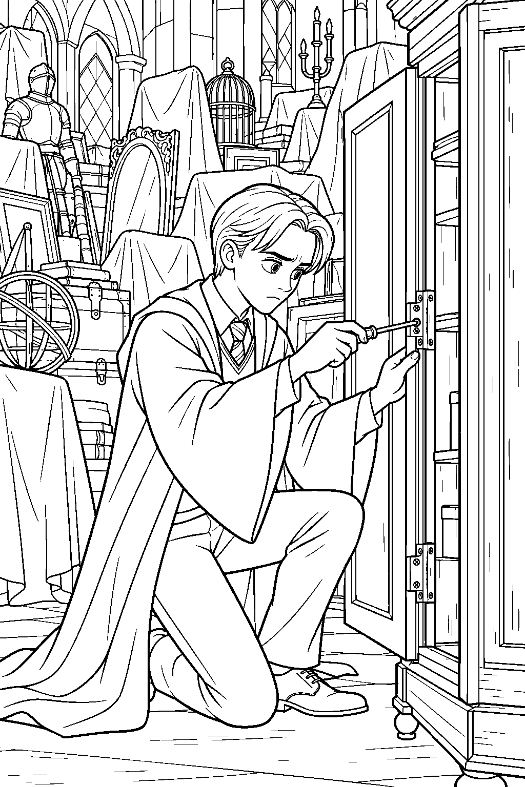 draco malfoy repairing the vanishing cabinet among hidden objects in the room of requirement line art