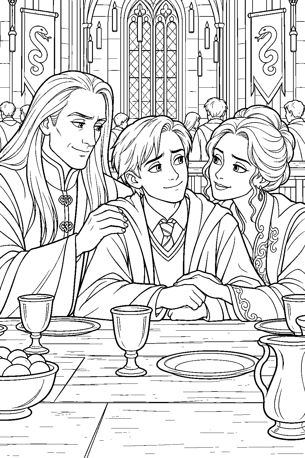 draco malfoy reuniting with lucius and narcissa at a great hall table after the battle of hogwarts line art