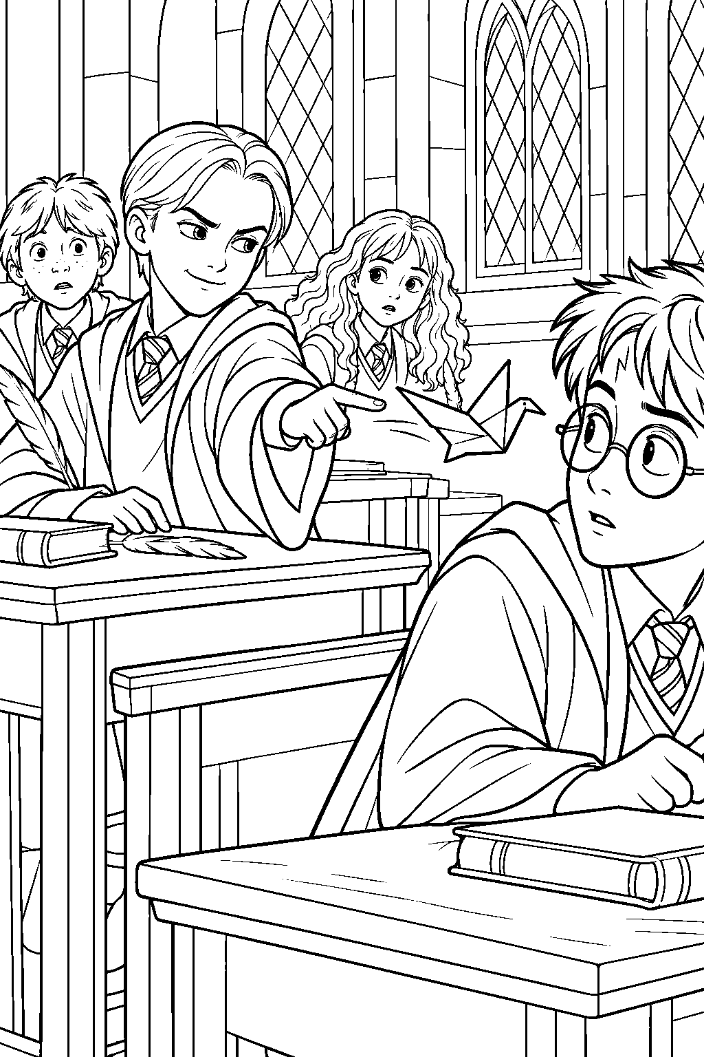 draco malfoy sending a folded paper bird toward harry potter during a classroom lesson line art