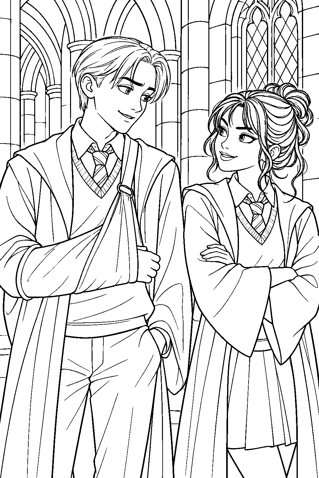 draco malfoy showing his bandaged arm to pansy parkinson at hogwarts line art