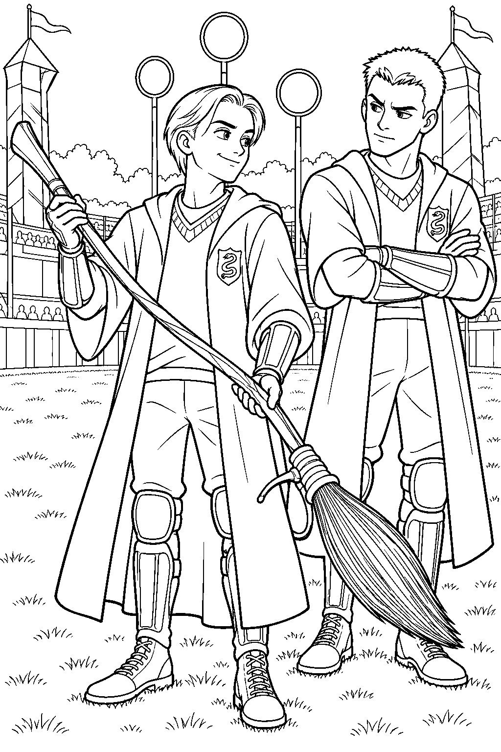 draco malfoy showing his nimbus 2001 to marcus flint on the quidditch pitch line art
