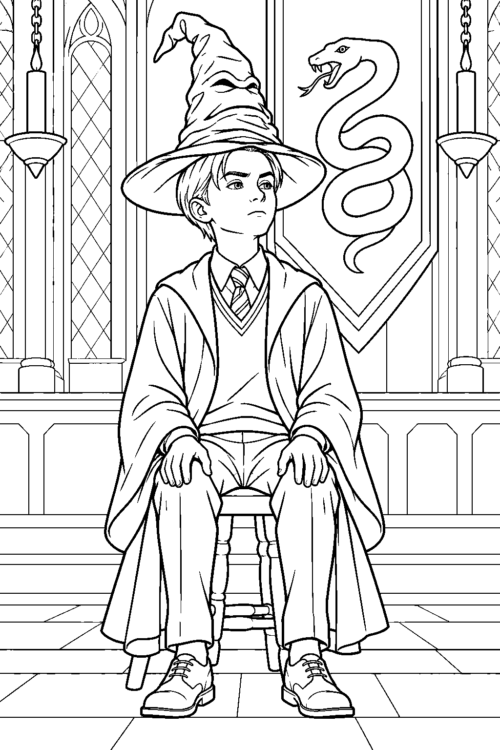 draco malfoy sitting beneath the sorting hat as he is sorted into slytherin line art