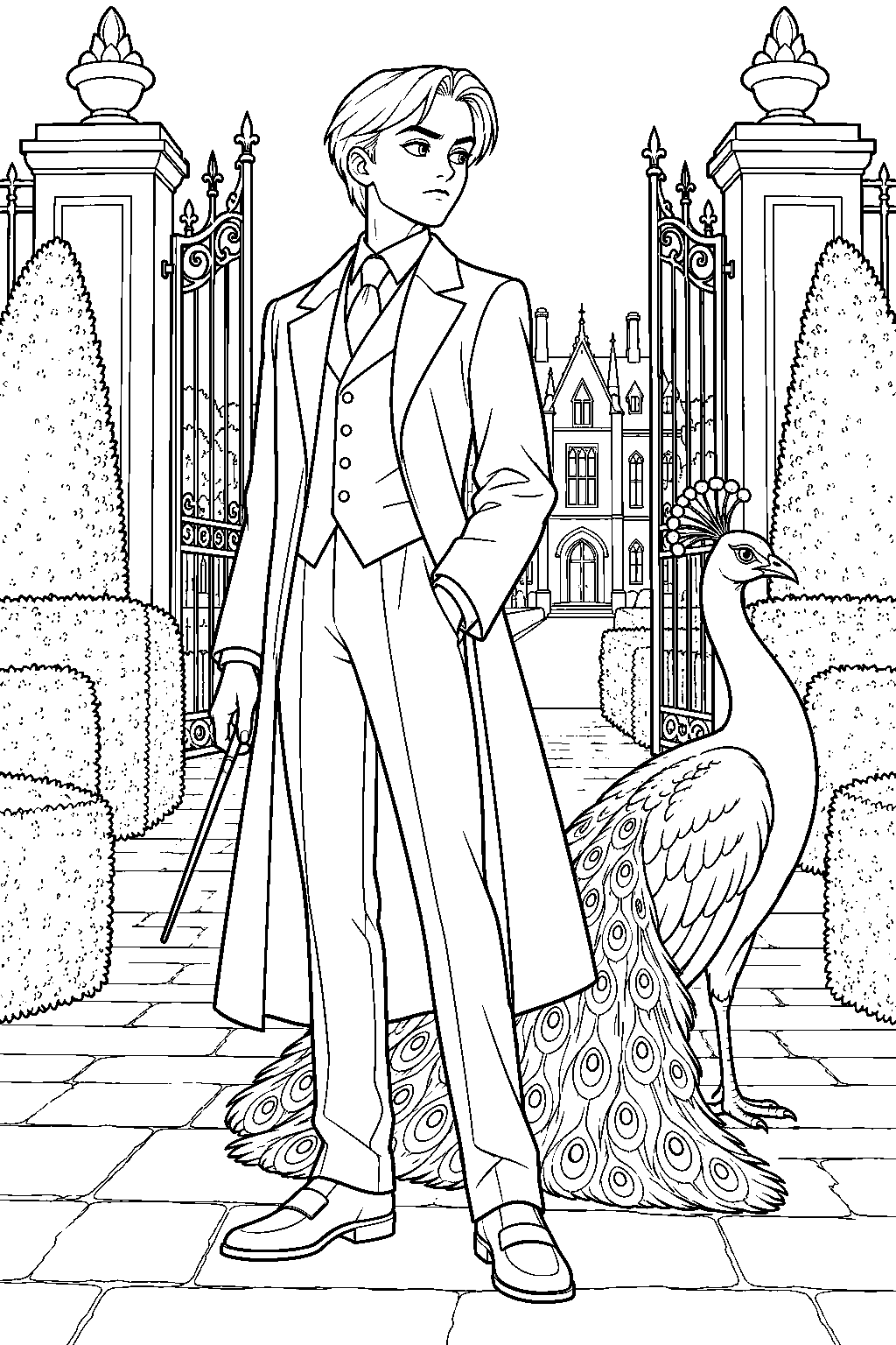 draco malfoy standing at the gates of malfoy manor beside a white peacock and clipped hedges line art